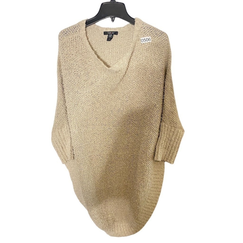 Style &‎ Co Sweater Top Womens L/XL Beige Open-Knit V-Neck Oversized Poncho